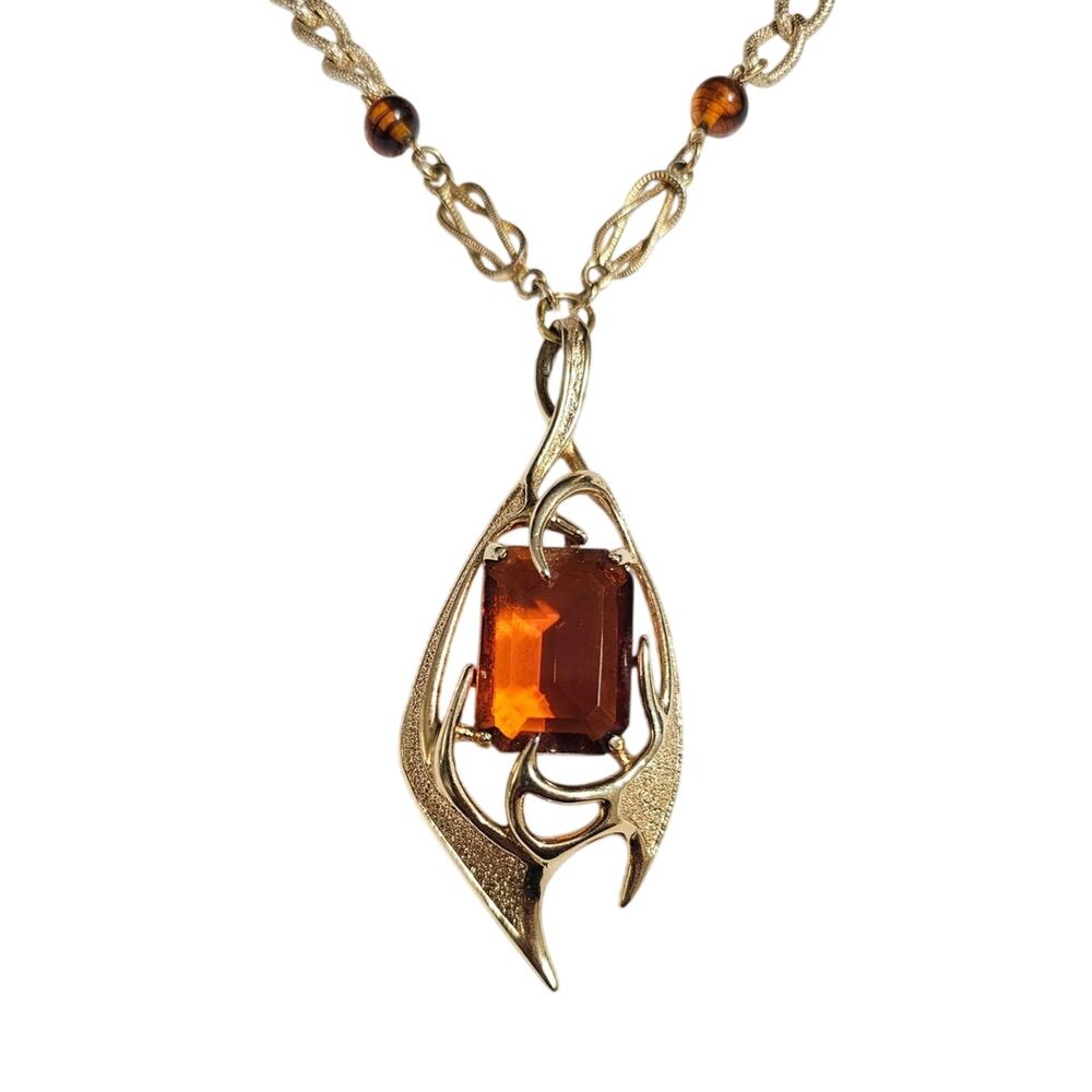 Vintage Sarah Coventry Molten Topaz Pendant on 1975 Avon Tortelle Chain Necklace